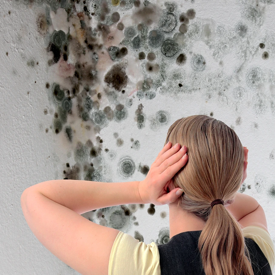 Schimmel und Feuchtigkeit in Wänden. Schimmelflecken und entsetzte Frau